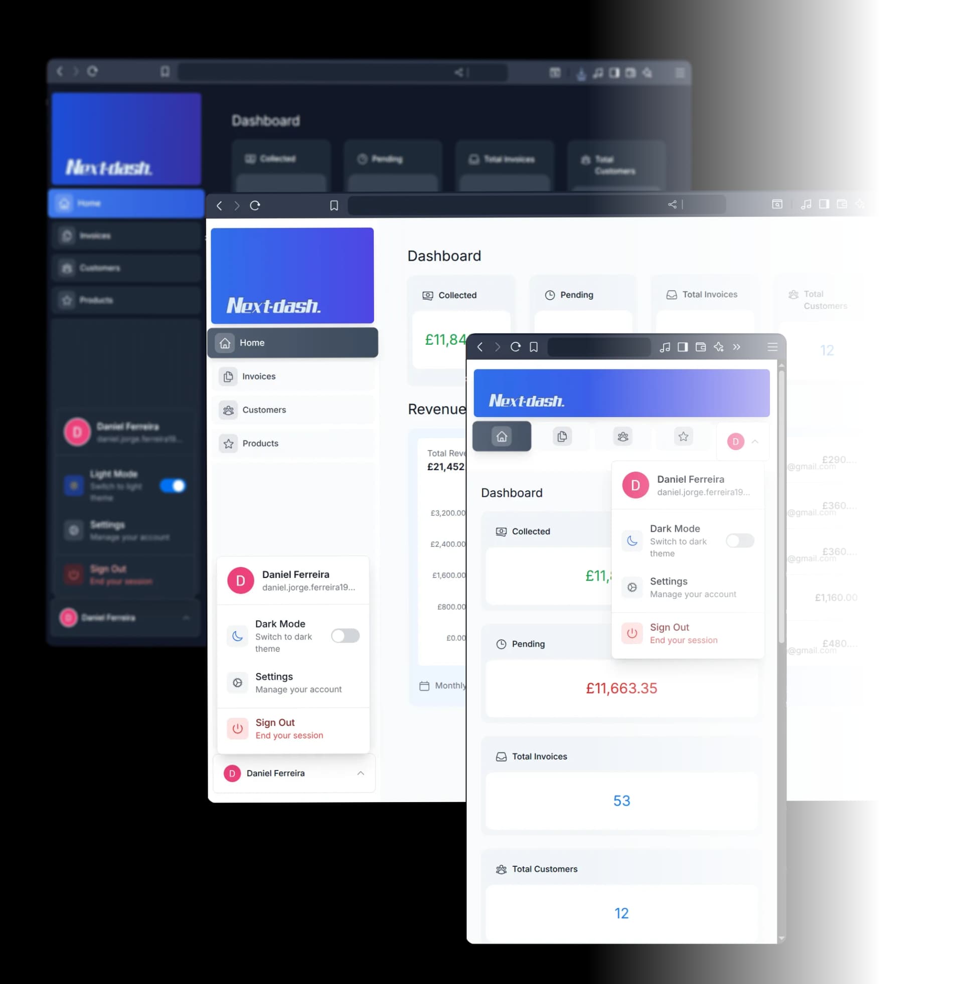 Screenshots of the dashboard project showing desktop and mobile versions