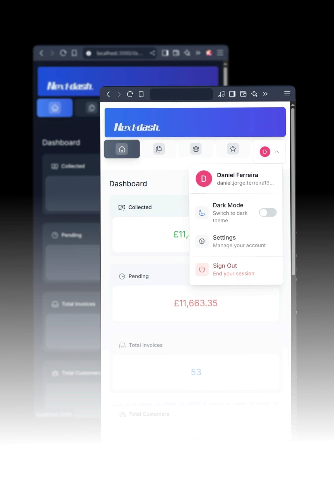 Screenshots of the dashboard project showing desktop and mobile versions